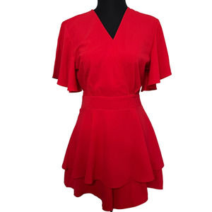 Red V-Neck Flutter Sleeve Ruffle Flounce Romper, Size S